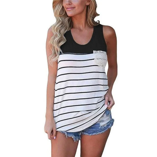 2017 Summer Sexy Pack hip Tank Top Women's Fashion Stripe Lace Pocket Crop Top Sleeveless Slim Tops