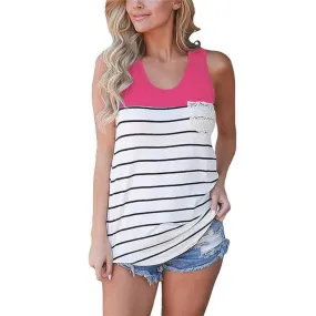 2017 Summer Sexy Pack hip Tank Top Women's Fashion Stripe Lace Pocket Crop Top Sleeveless Slim Tops