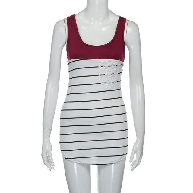 2017 Summer Sexy Pack hip Tank Top Women's Fashion Stripe Lace Pocket Crop Top Sleeveless Slim Tops