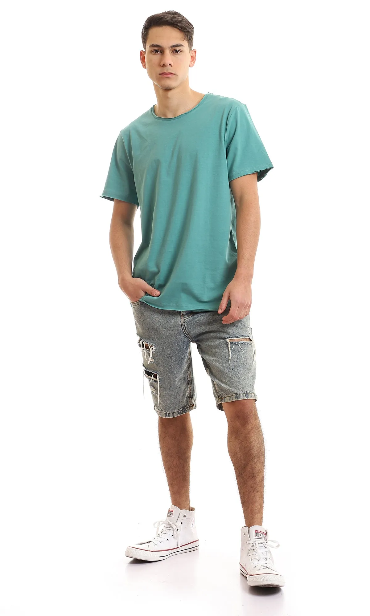 97699 Round Collar Basic Aquamarine Green Slip On T-Shirt
