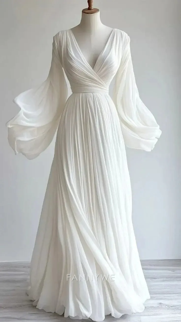 A-Line Elegant Chiffon Long Sleeves White Long formal dresses Bridesmaid Dresses evening gown Prom Dress