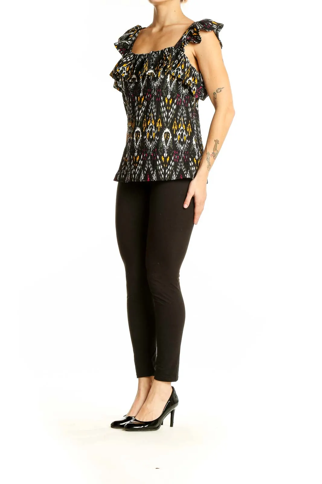 Black Patterned Ruffle Sleeve Top