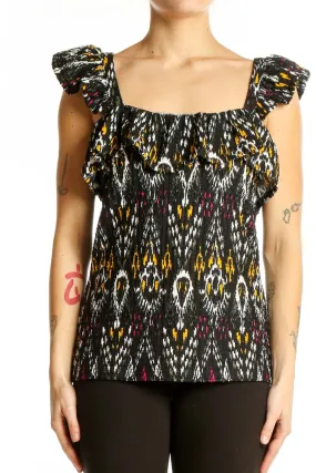 Black Patterned Ruffle Sleeve Top