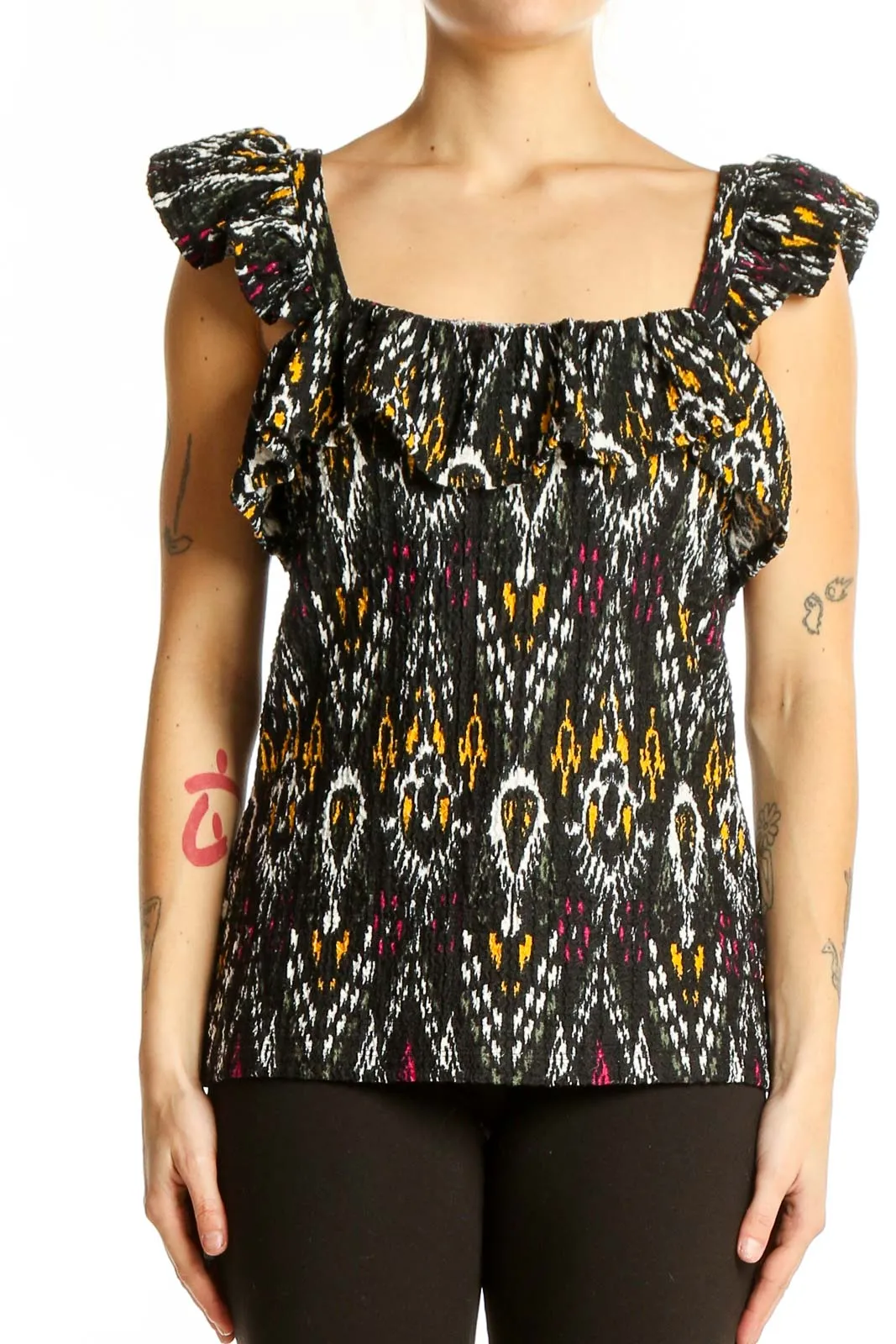 Black Patterned Ruffle Sleeve Top