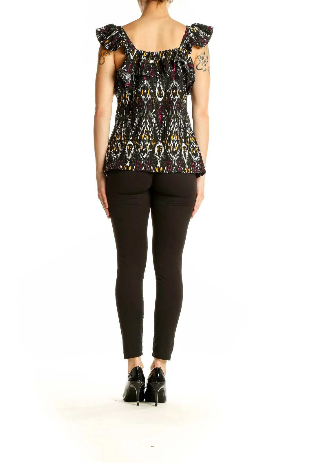 Black Patterned Ruffle Sleeve Top