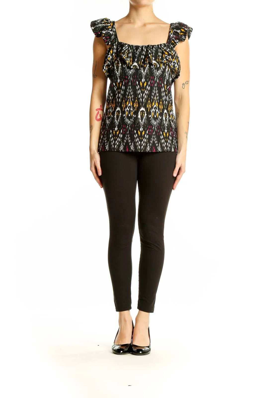 Black Patterned Ruffle Sleeve Top