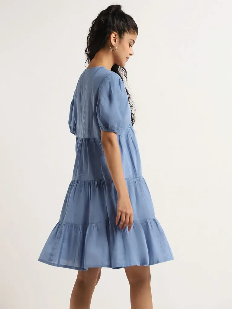 Bombay Paisley Blue Embroidered Cotton Tiered Dress