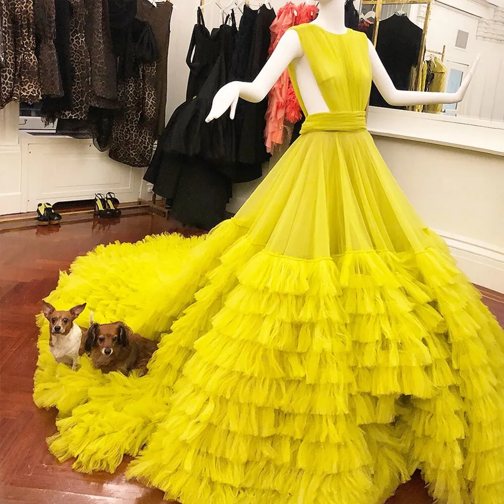 Bright Yellow Young Girls Birthday Party Gown Tiered