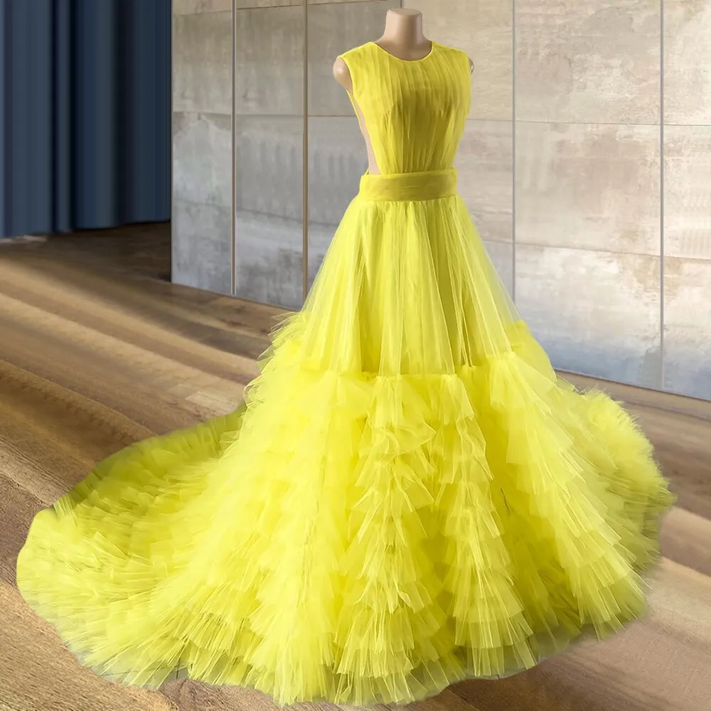 Bright Yellow Young Girls Birthday Party Gown Tiered