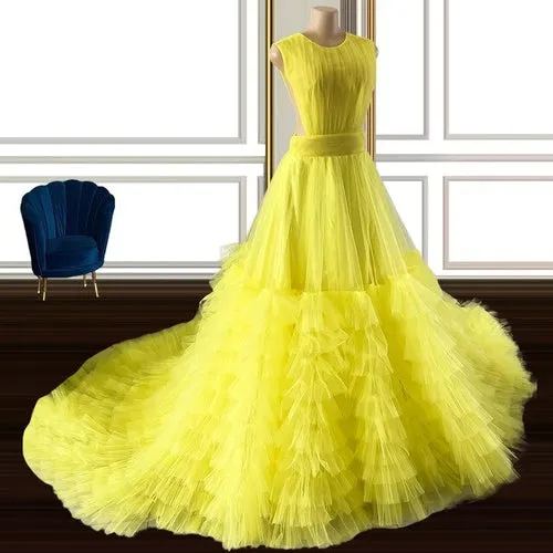 Bright Yellow Young Girls Birthday Party Gown Tiered