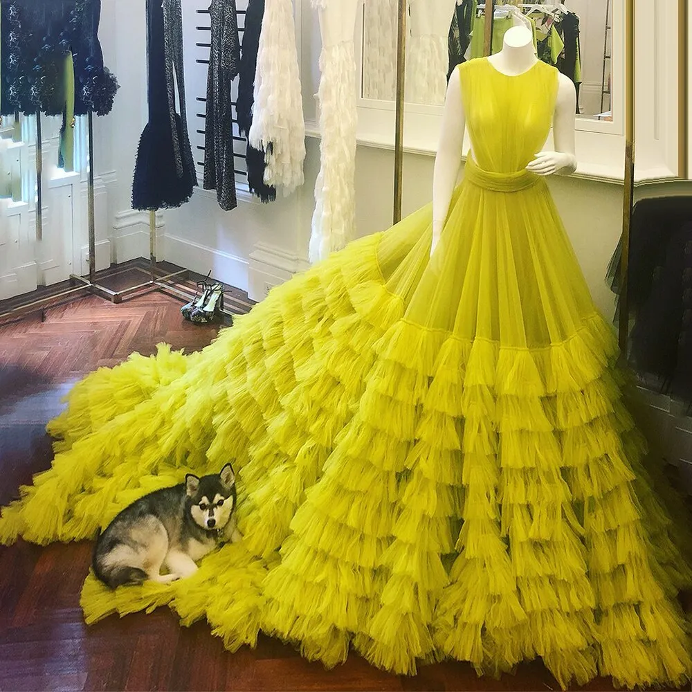 Bright Yellow Young Girls Birthday Party Gown Tiered