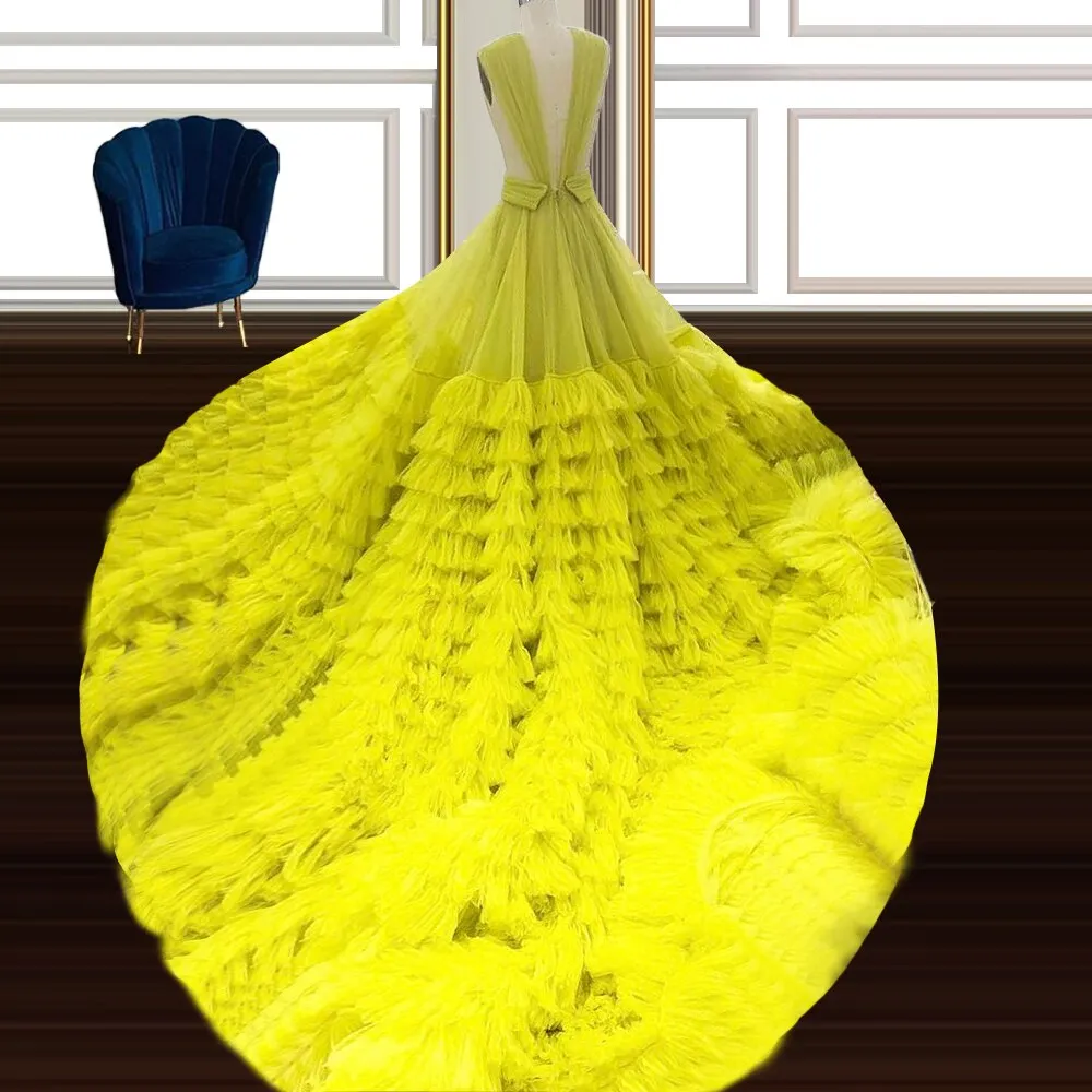Bright Yellow Young Girls Birthday Party Gown Tiered