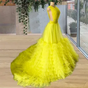 Bright Yellow Young Girls Birthday Party Gown Tiered