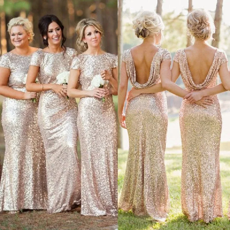 Champagne Gold Sequin Bridesmaid Dresses with Short Sleeves