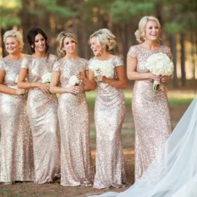 Champagne Gold Sequin Bridesmaid Dresses with Short Sleeves