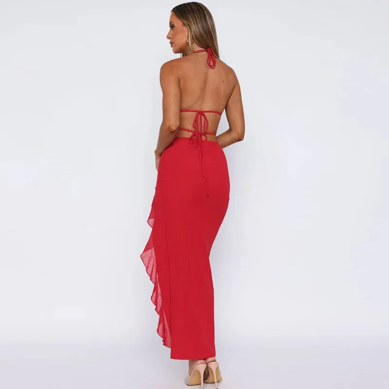 Chiffon Halter Evening Gown with Ruffle Slit