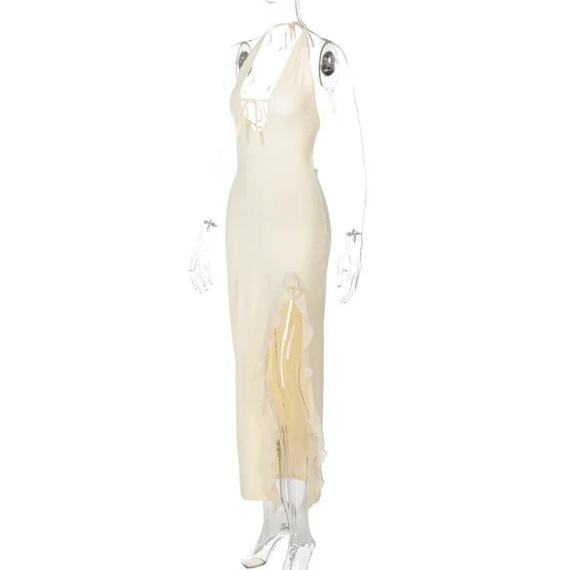 Chiffon Halter Evening Gown with Ruffle Slit