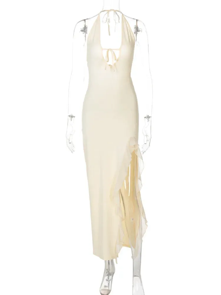 Chiffon Halter Evening Gown with Ruffle Slit