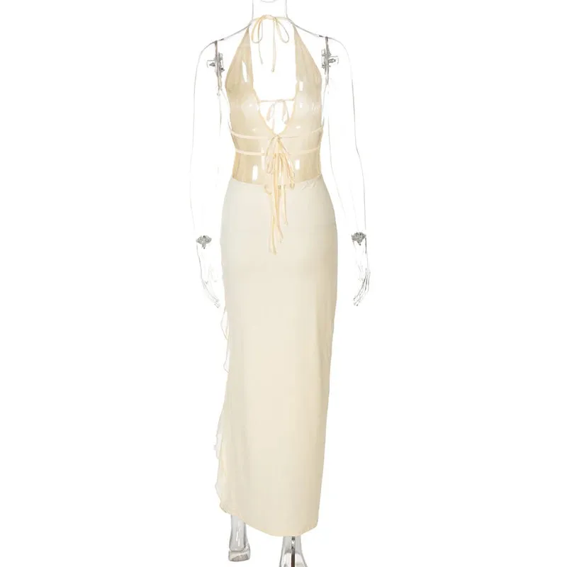 Chiffon Halter Evening Gown with Ruffle Slit