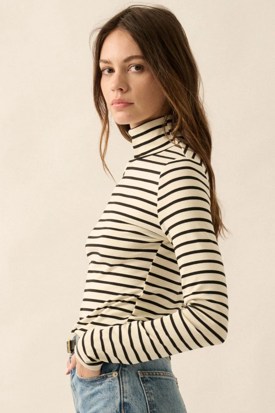 Claire Jersey Knit Mock-Neck Top Cream   Black