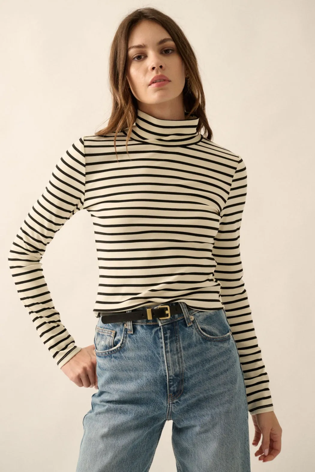 Claire Jersey Knit Mock-Neck Top Cream   Black