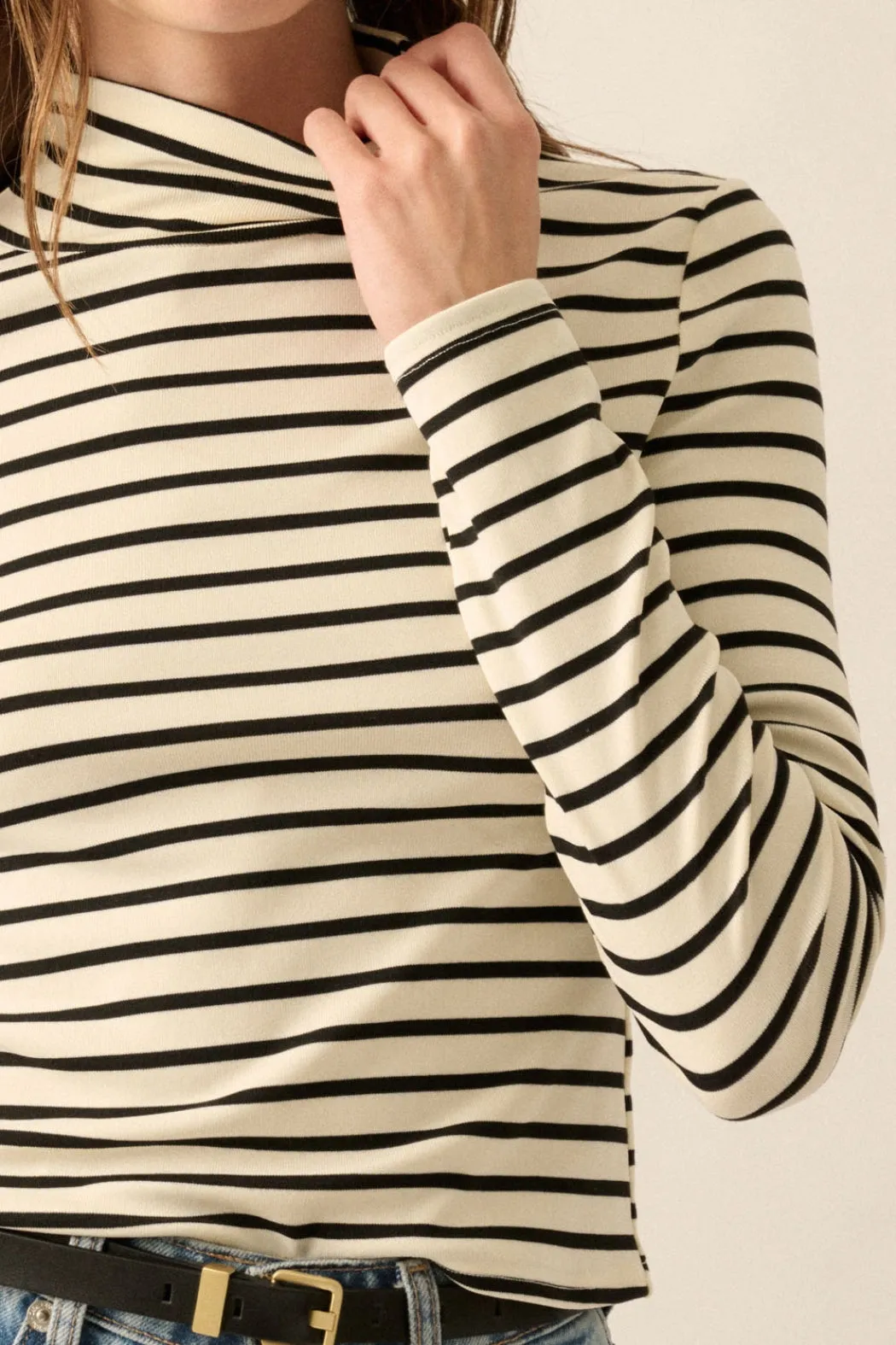 Claire Jersey Knit Mock-Neck Top Cream   Black