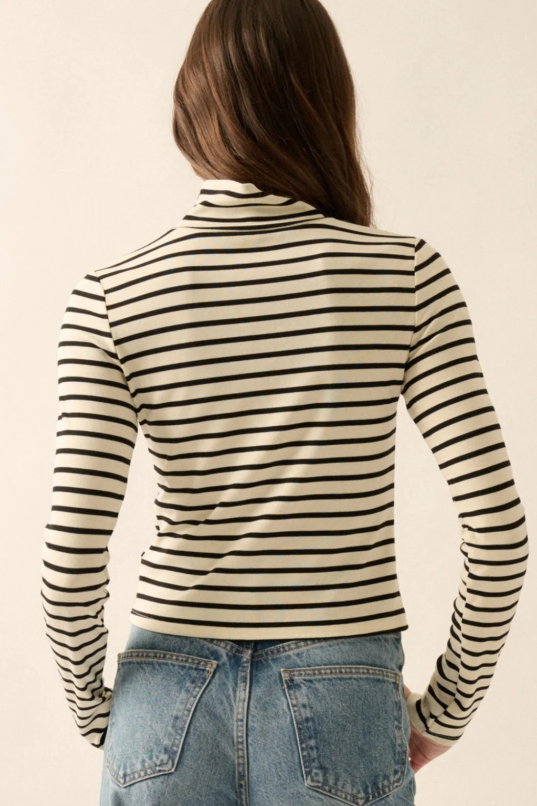 Claire Jersey Knit Mock-Neck Top Cream   Black