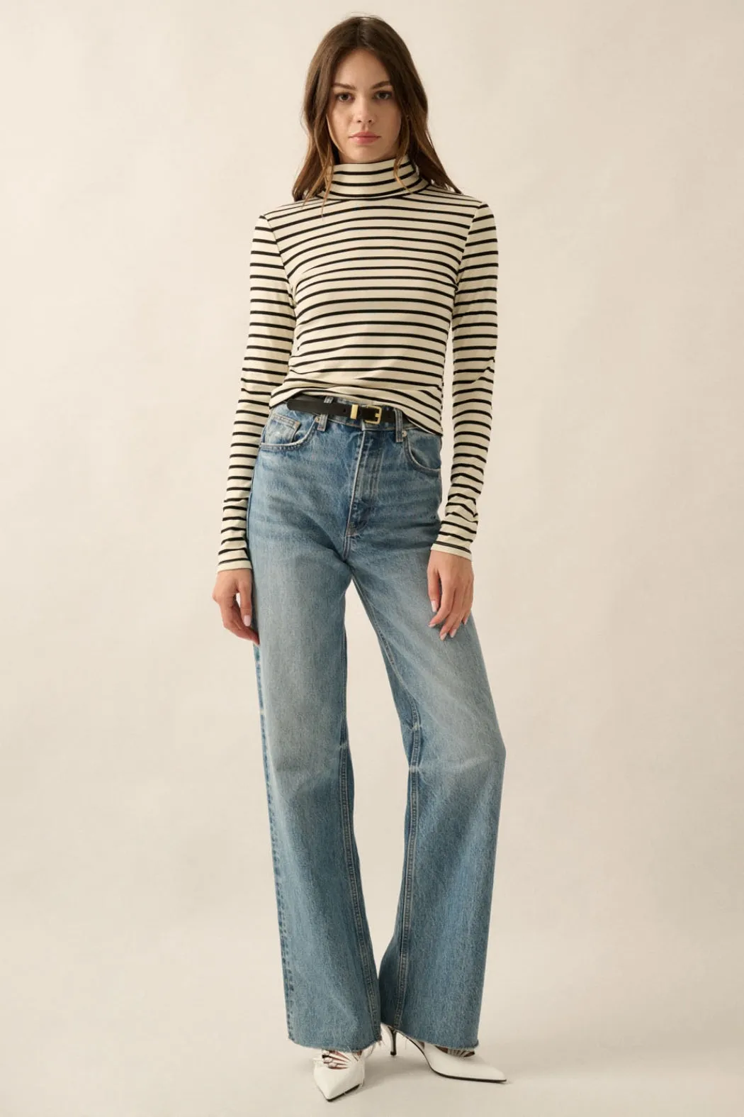 Claire Jersey Knit Mock-Neck Top Cream   Black