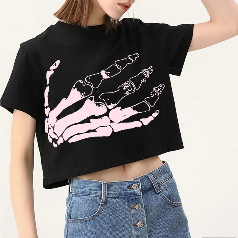 CORIRESHA Women's Funny Skull Palm Crewneck Short Sleeve Halloween Crop T-Shirt