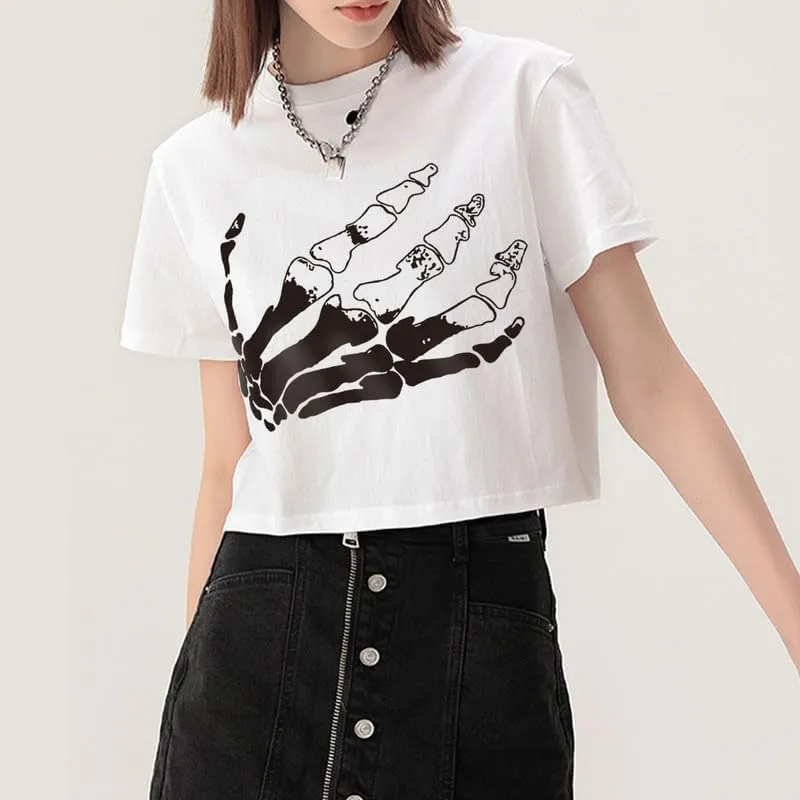 CORIRESHA Women's Funny Skull Palm Crewneck Short Sleeve Halloween Crop T-Shirt