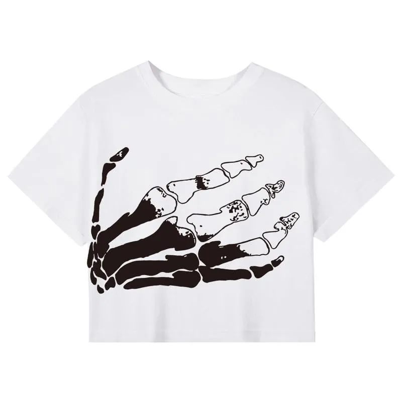 CORIRESHA Women's Funny Skull Palm Crewneck Short Sleeve Halloween Crop T-Shirt
