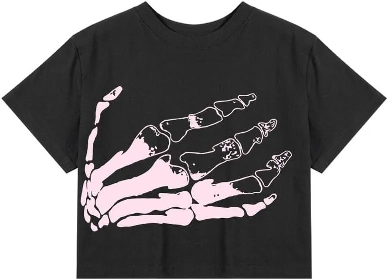 CORIRESHA Women's Funny Skull Palm Crewneck Short Sleeve Halloween Crop T-Shirt