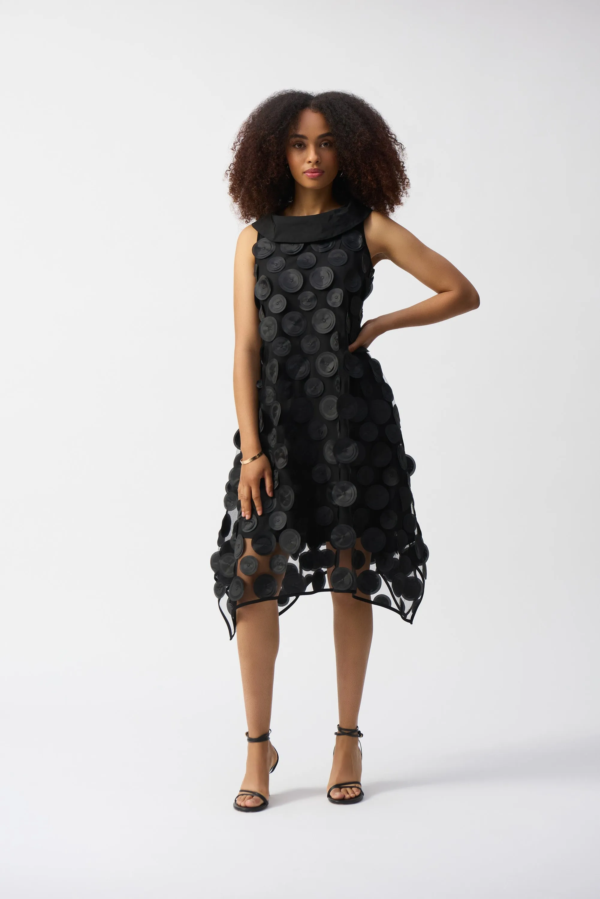 Dot Applique Sleeveless Trapeze Dress, Black