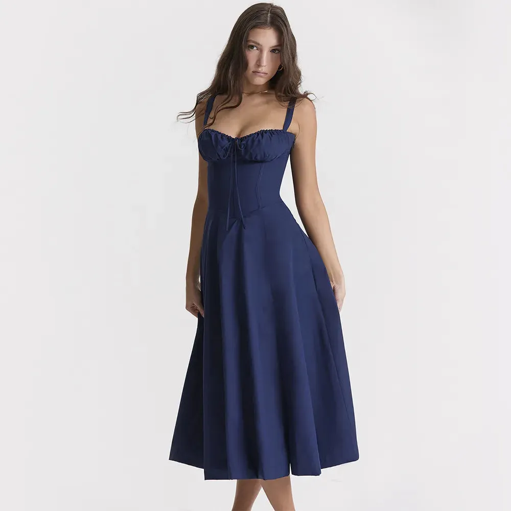 Elegant  A Line Midi Dress Sexy Spaghetti Strap Lace Up Red Holiday Party Dresses