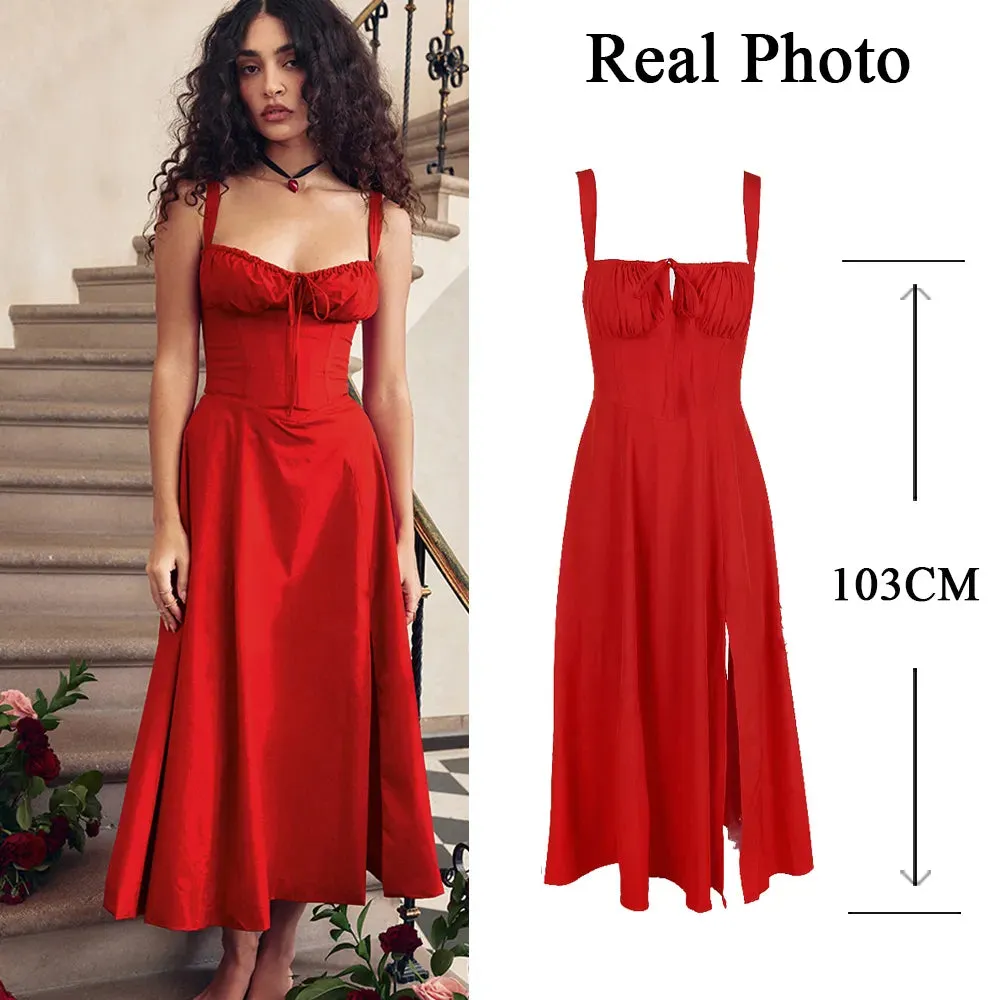 Elegant  A Line Midi Dress Sexy Spaghetti Strap Lace Up Red Holiday Party Dresses