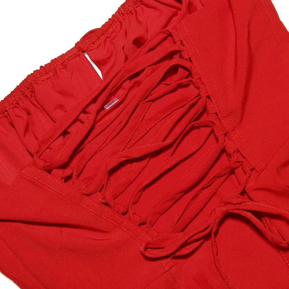 Elegant  A Line Midi Dress Sexy Spaghetti Strap Lace Up Red Holiday Party Dresses