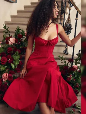 Elegant  A Line Midi Dress Sexy Spaghetti Strap Lace Up Red Holiday Party Dresses
