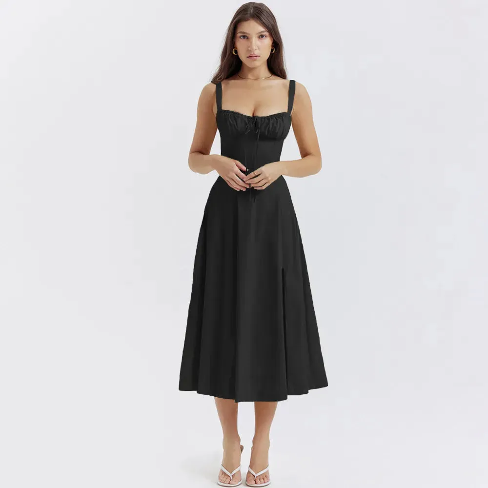 Elegant  A Line Midi Dress Sexy Spaghetti Strap Lace Up Red Holiday Party Dresses