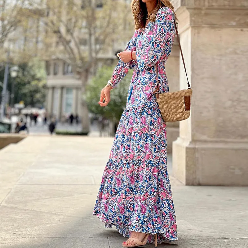 Elegant Bohemian V-Neck Long Sleeve Midi Dress