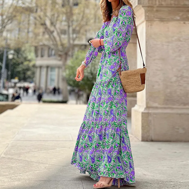 Elegant Bohemian V-Neck Long Sleeve Midi Dress