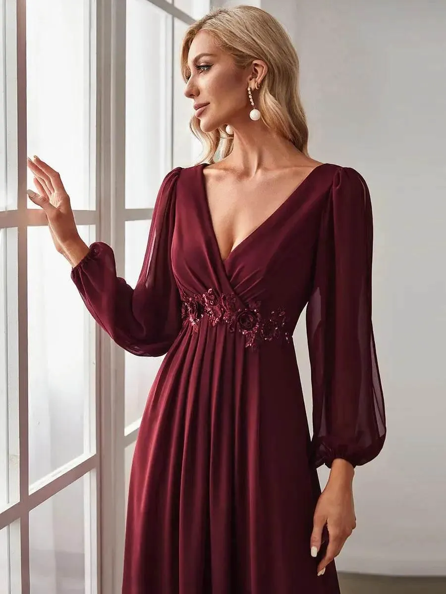 Elegant Floor Length Long Lantern Sleeves Formal Dress