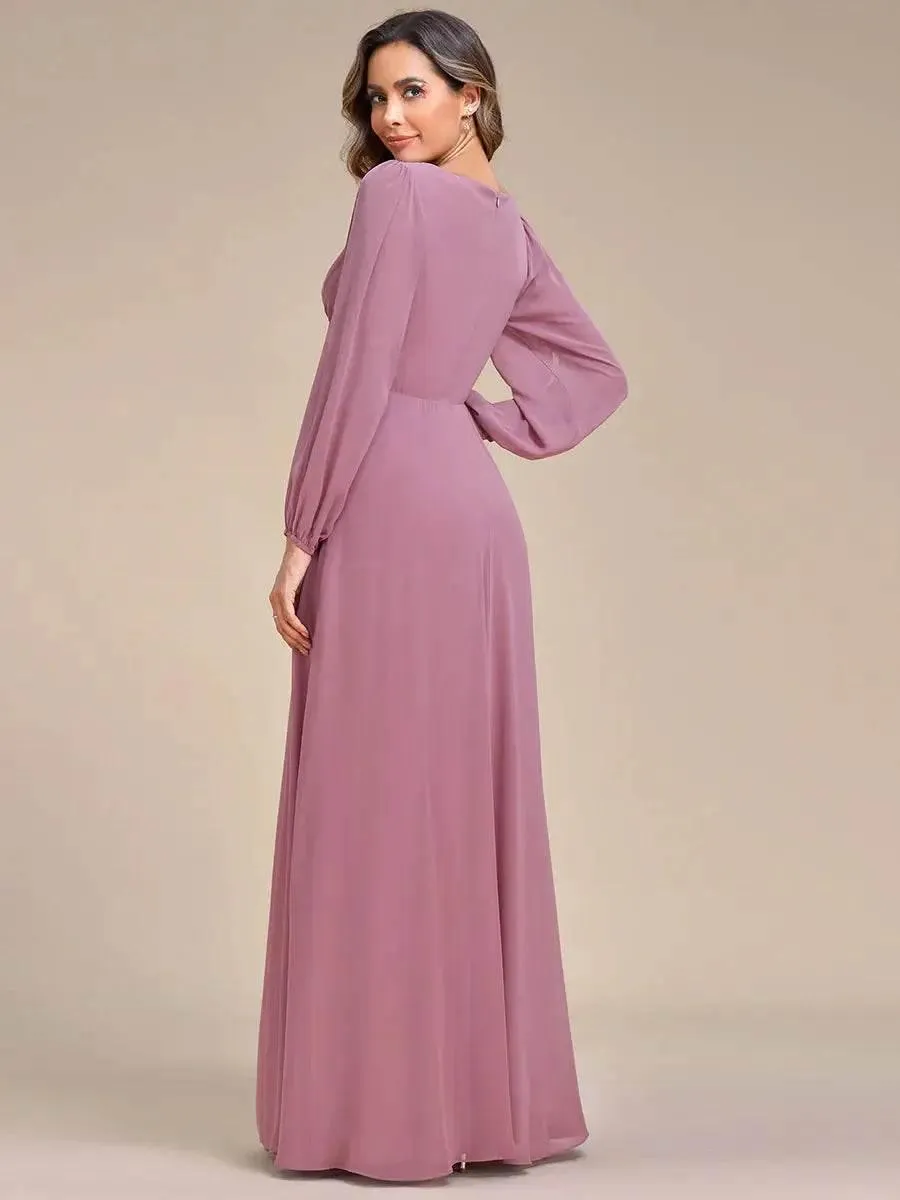 Elegant Floor Length Long Lantern Sleeves Formal Dress