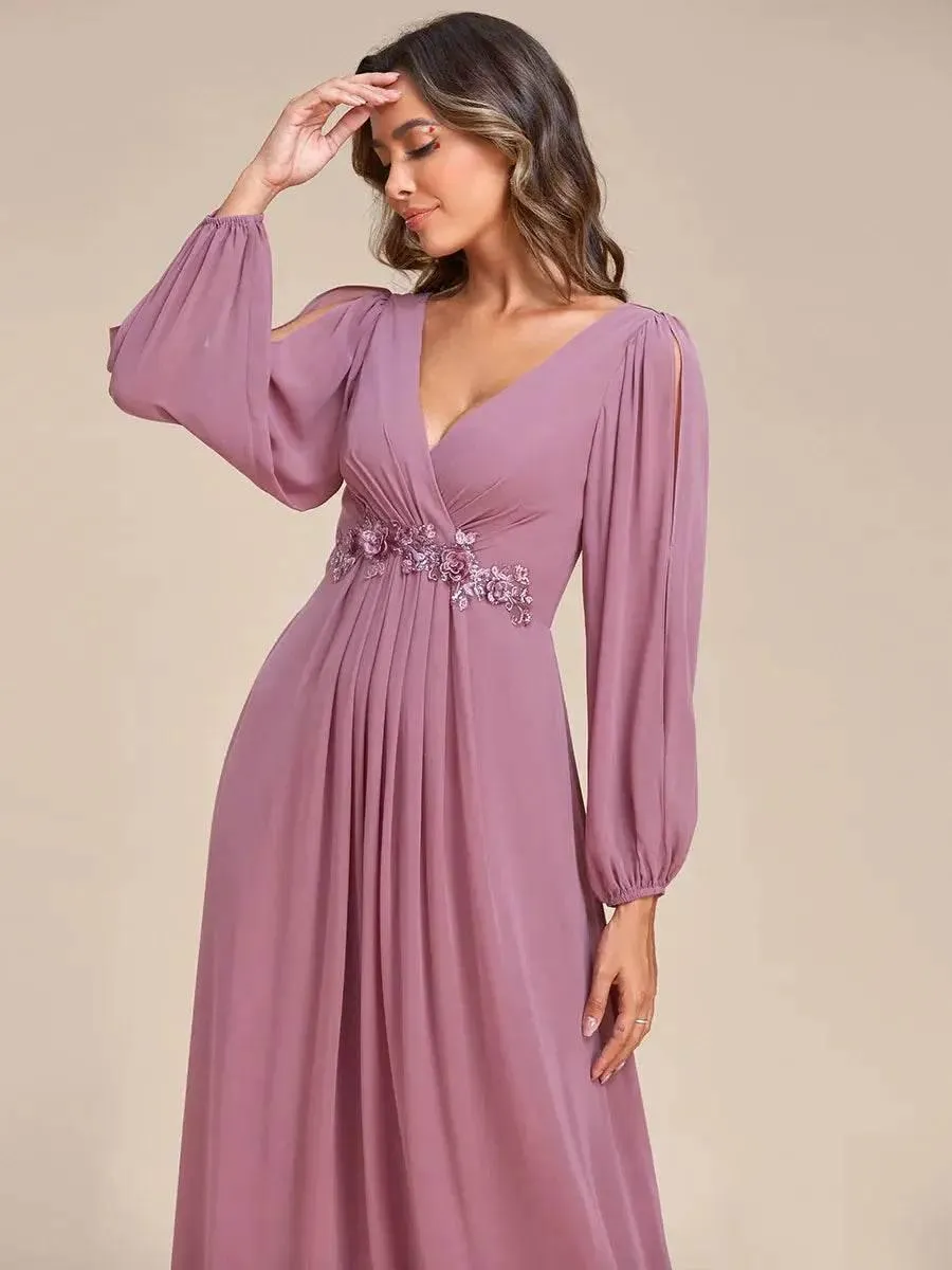 Elegant Floor Length Long Lantern Sleeves Formal Dress