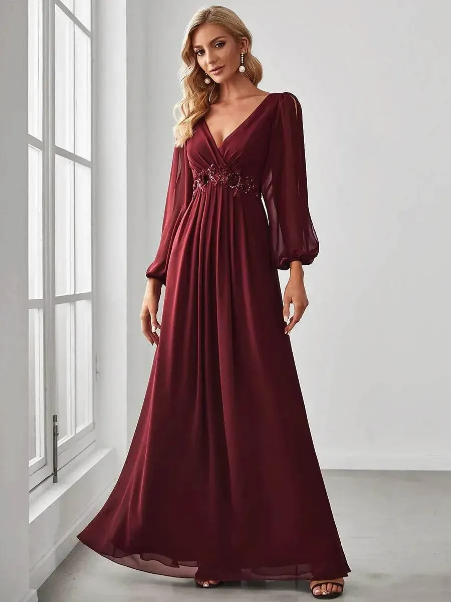 Elegant Floor Length Long Lantern Sleeves Formal Dress