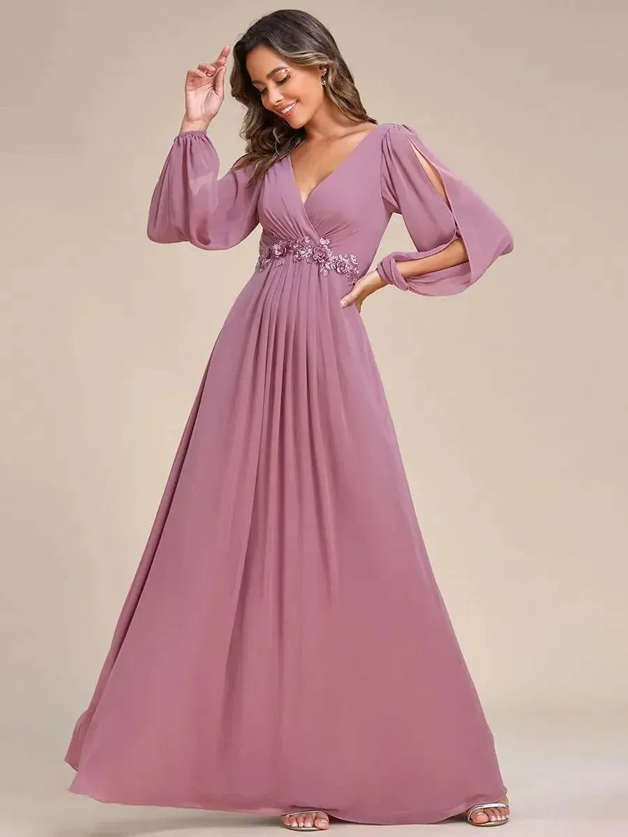 Elegant Floor Length Long Lantern Sleeves Formal Dress