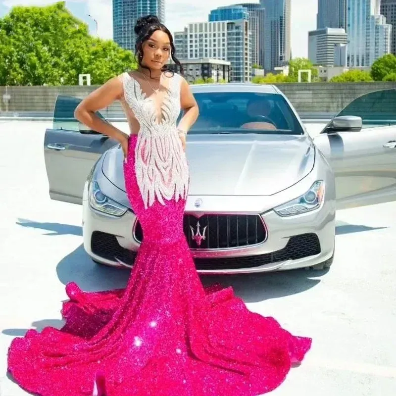 Elegant Magenta Prom Dresses For Black Girls Diamond Sequin Mermaid Party Gowns Sheer Neck Fuchsia
