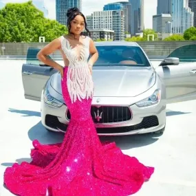 Elegant Magenta Prom Dresses For Black Girls Diamond Sequin Mermaid Party Gowns Sheer Neck Fuchsia