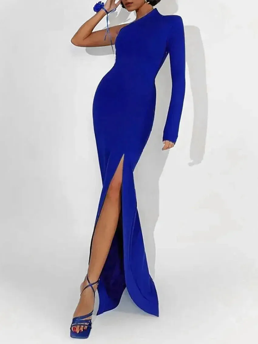 Elegant One-Shoulder Evening Dress with Side Slit