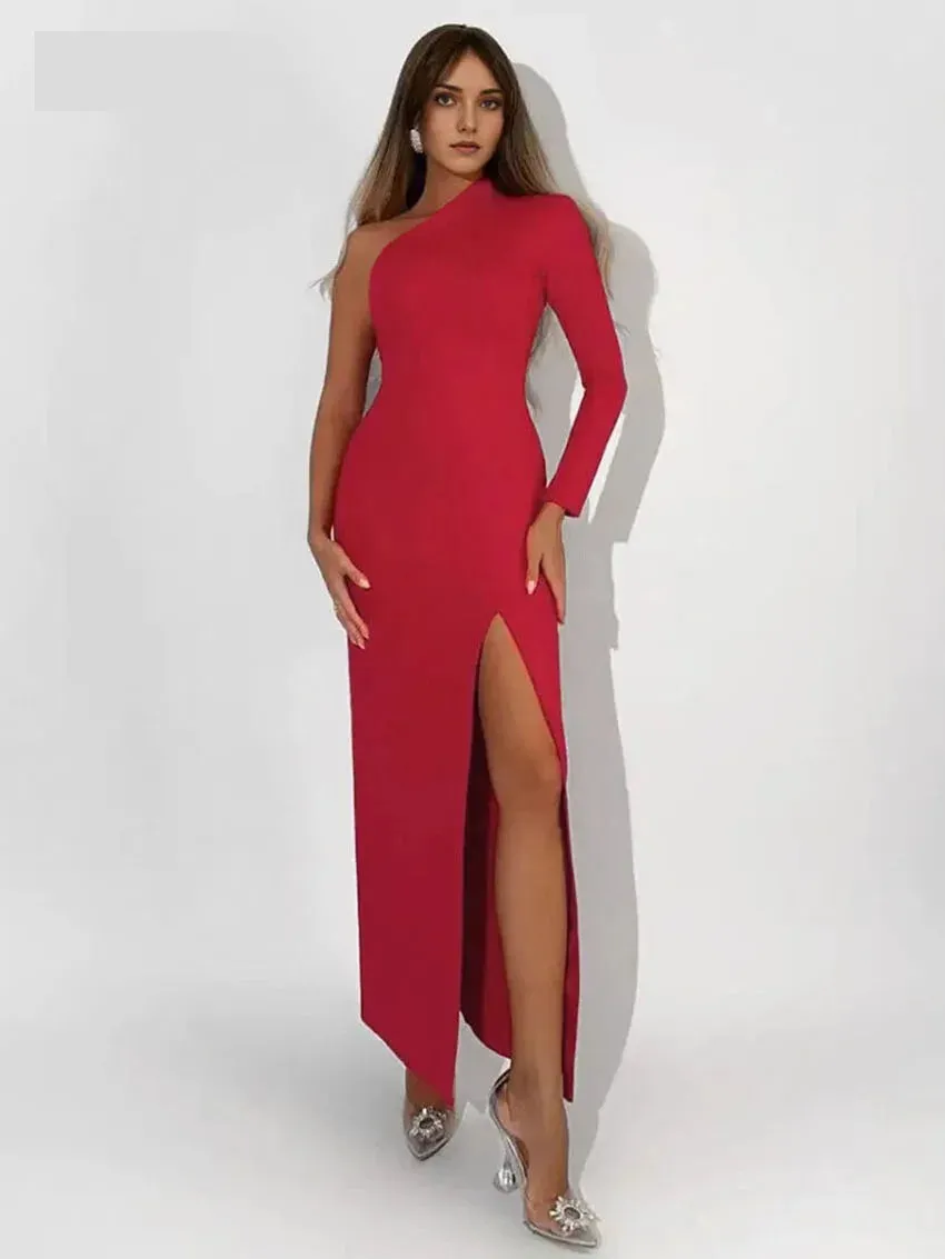 Elegant One-Shoulder Evening Dress with Side Slit