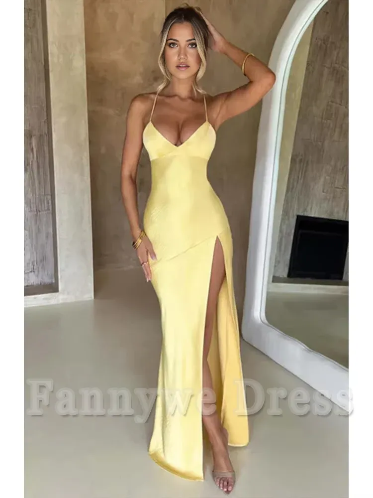 Elegant Spaghetti Strap Backless Lace-Up Split Satin formal dresses Bridesmaid Dresses evening gown Prom Dress
